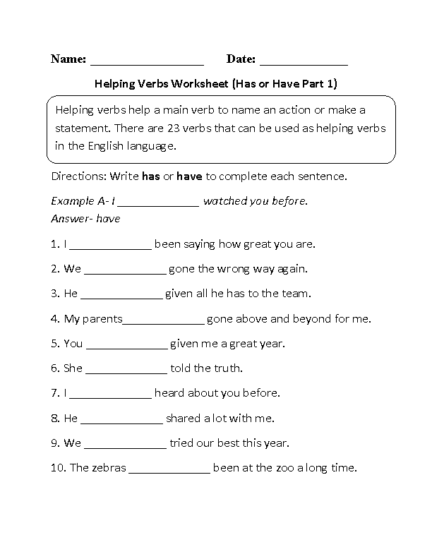 Verbs Worksheets | Helping Verbs Worksheets