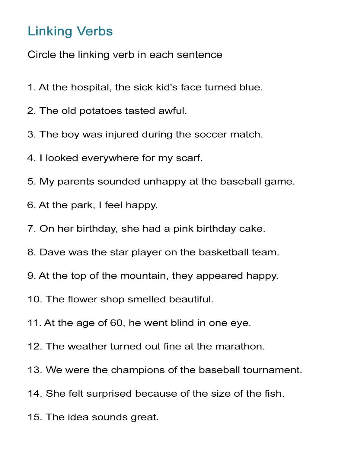 Linking Verbs Worksheet: Find the Linking Verbs - ALL ESL