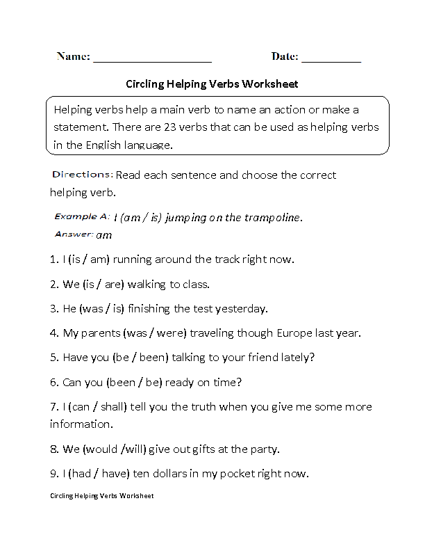 Verbs Worksheets | Helping Verbs Worksheets