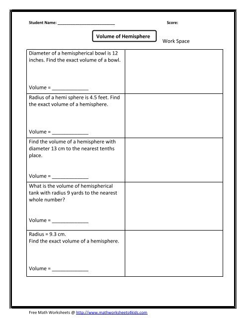 Volume of hemisphere-1 - Math Worksheets For Kids