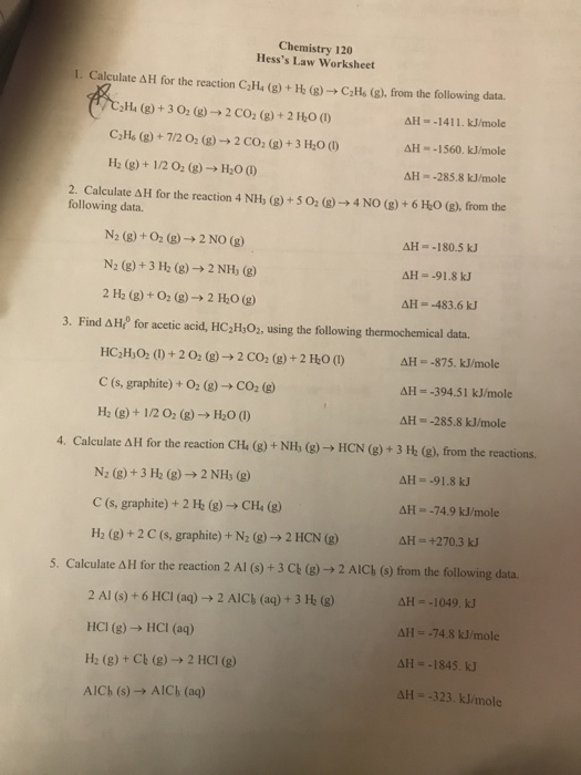 Solved Chemistry 120 Hesss Law Worksheet 1. Calculate AH | Chegg.com