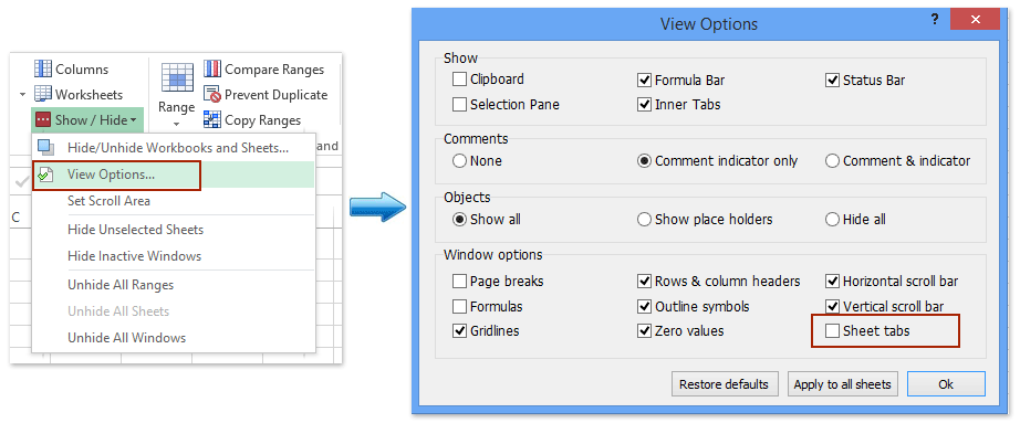 How to display or hide sheet tabs and Sheet Tab Bar in Excel?
