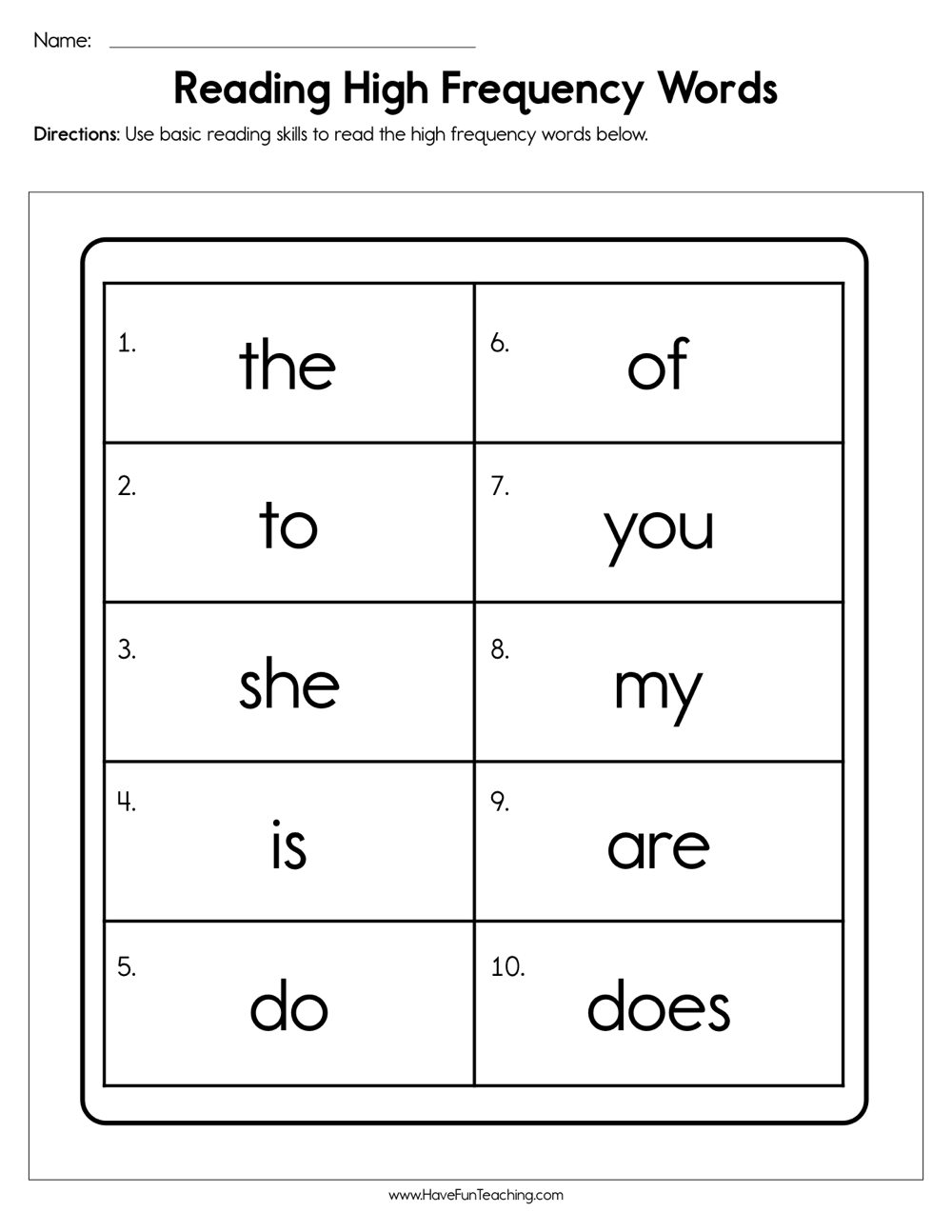 high frequency words worksheet for kindergarten