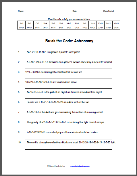 Astronomy Cryptogram Puzzle Worksheet | Student Handouts
