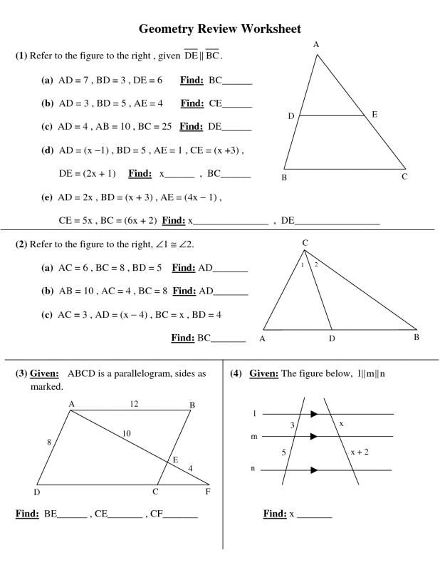 high school geometry worksheet with answers