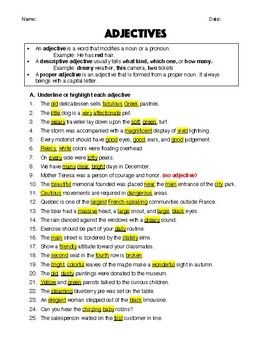high school grammar worksheet adjectives