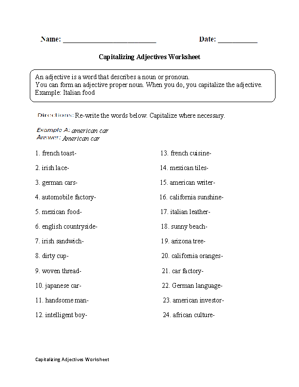 high school grammar worksheet adjectives