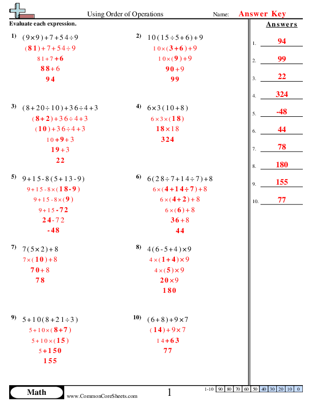 high school math worksheet with answers