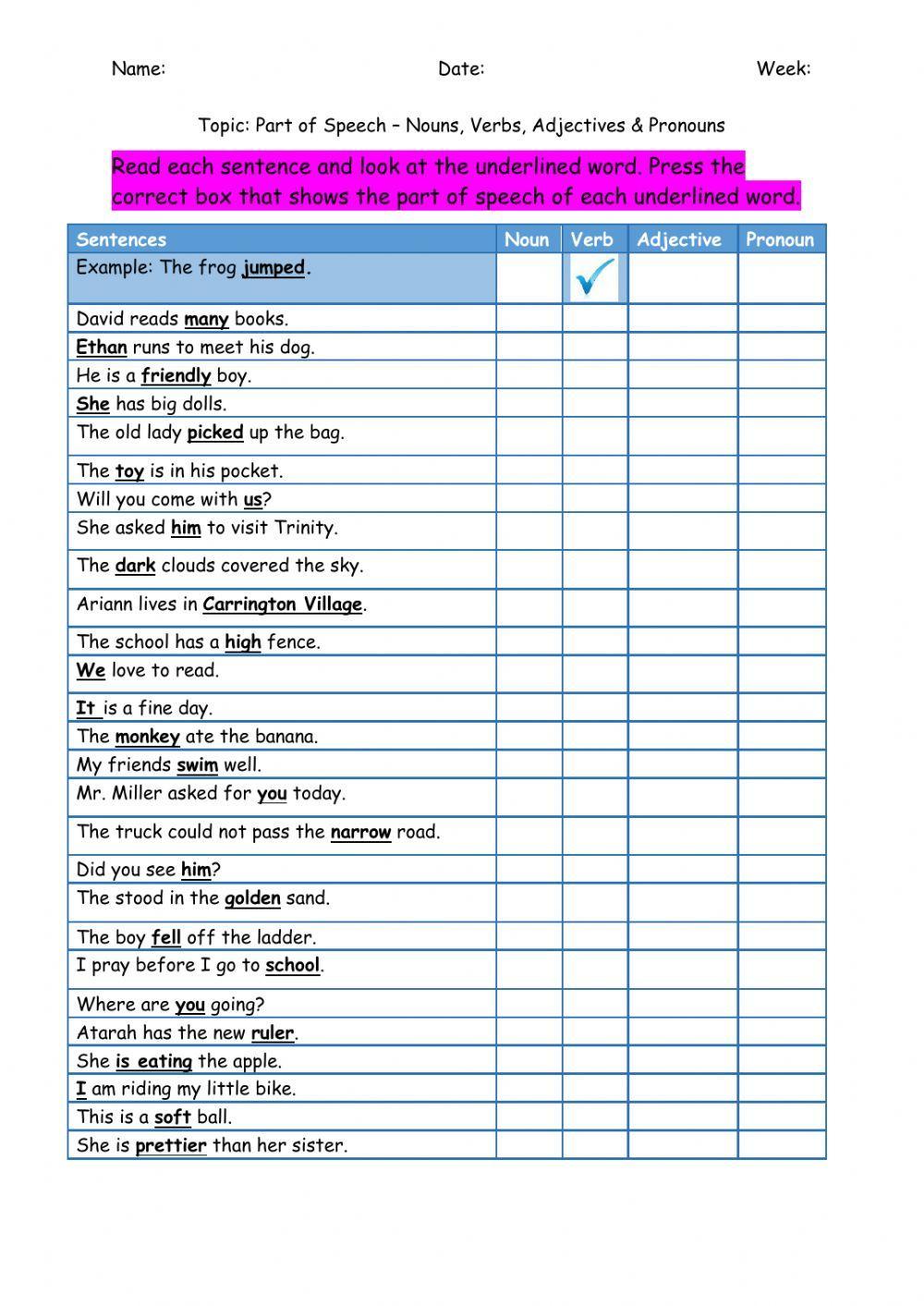 Parts of Speech Worksheet worksheet  