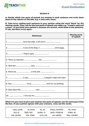 high school parts of speech worksheet