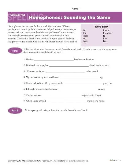 High School Spelling Words List 14 - Homophones