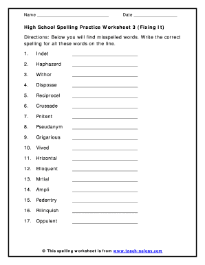 high school spelling worksheet