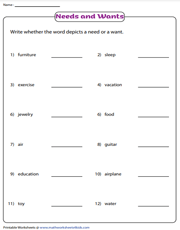 Needs and Wants Worksheets