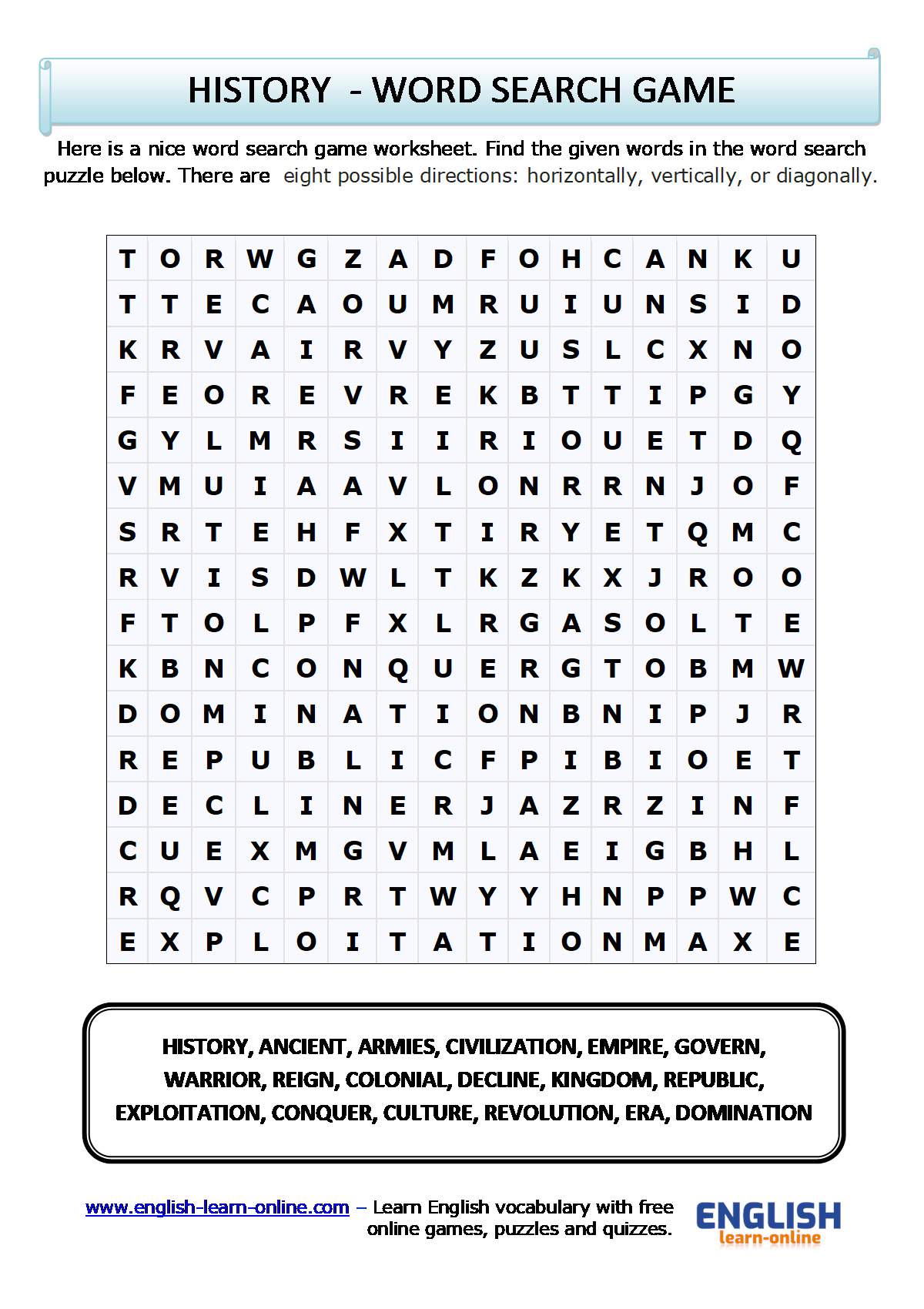 history vocabulary worksheet