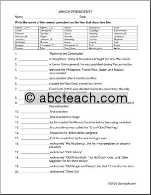 Worksheet: Which President...? (upper elem to high school) | Abcteach