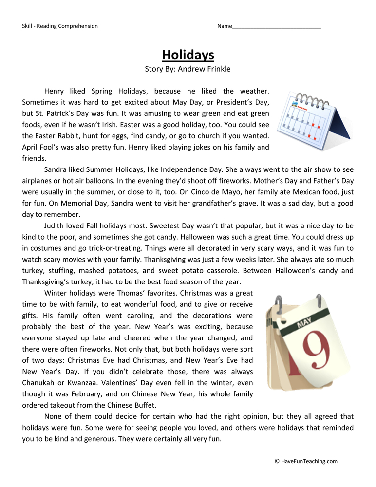 holiday reading comprehension worksheet