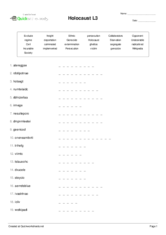 The Holocaust Worksheet - WordMint
