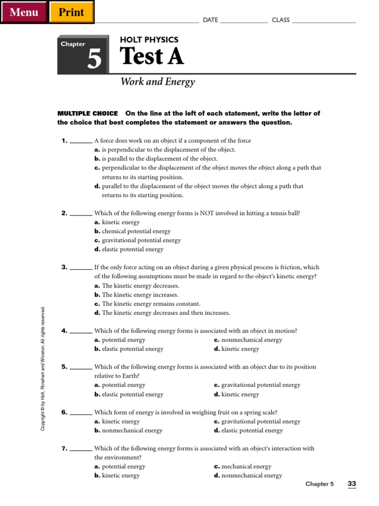 Physics Chapter Test | PDF | Potential Energy | Force
