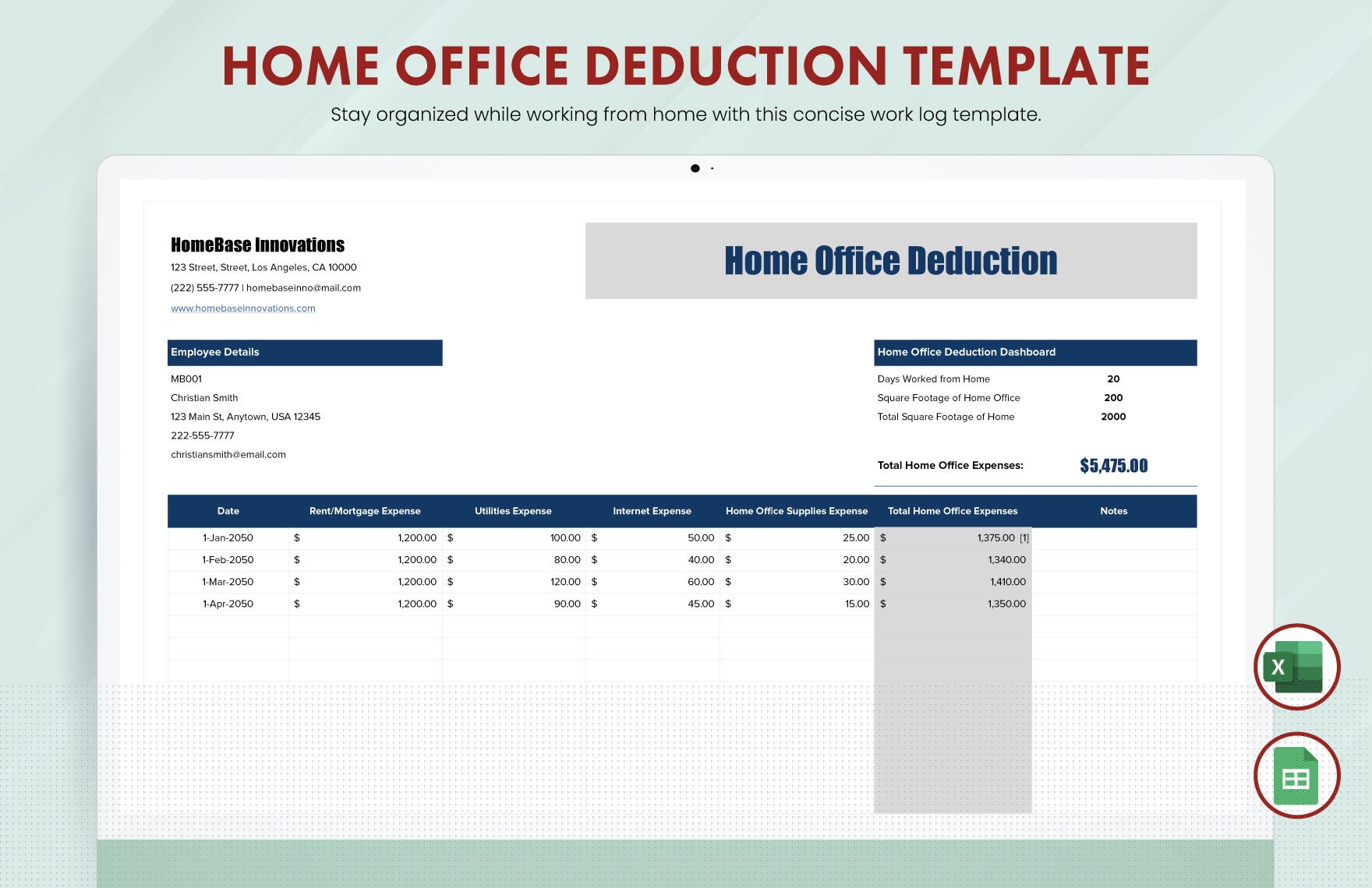 Home Office Deduction Template in Excel, Google Sheets - Download ...