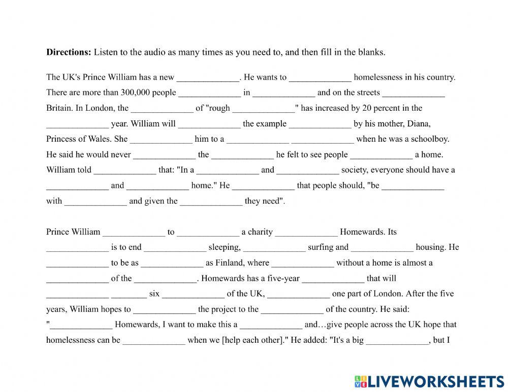 Homelessness 1-Dictation Exercise worksheet  