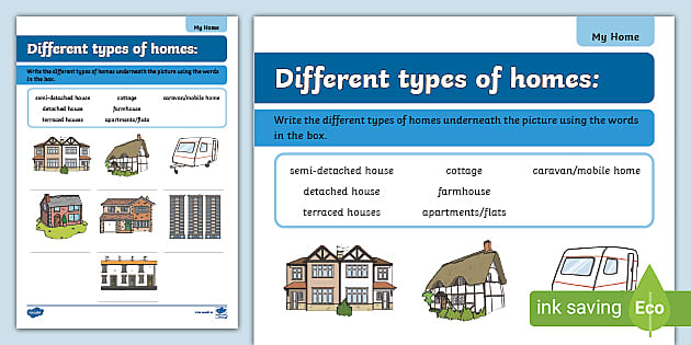 Different Types of Homes Labelling Worksheet (teacher made)