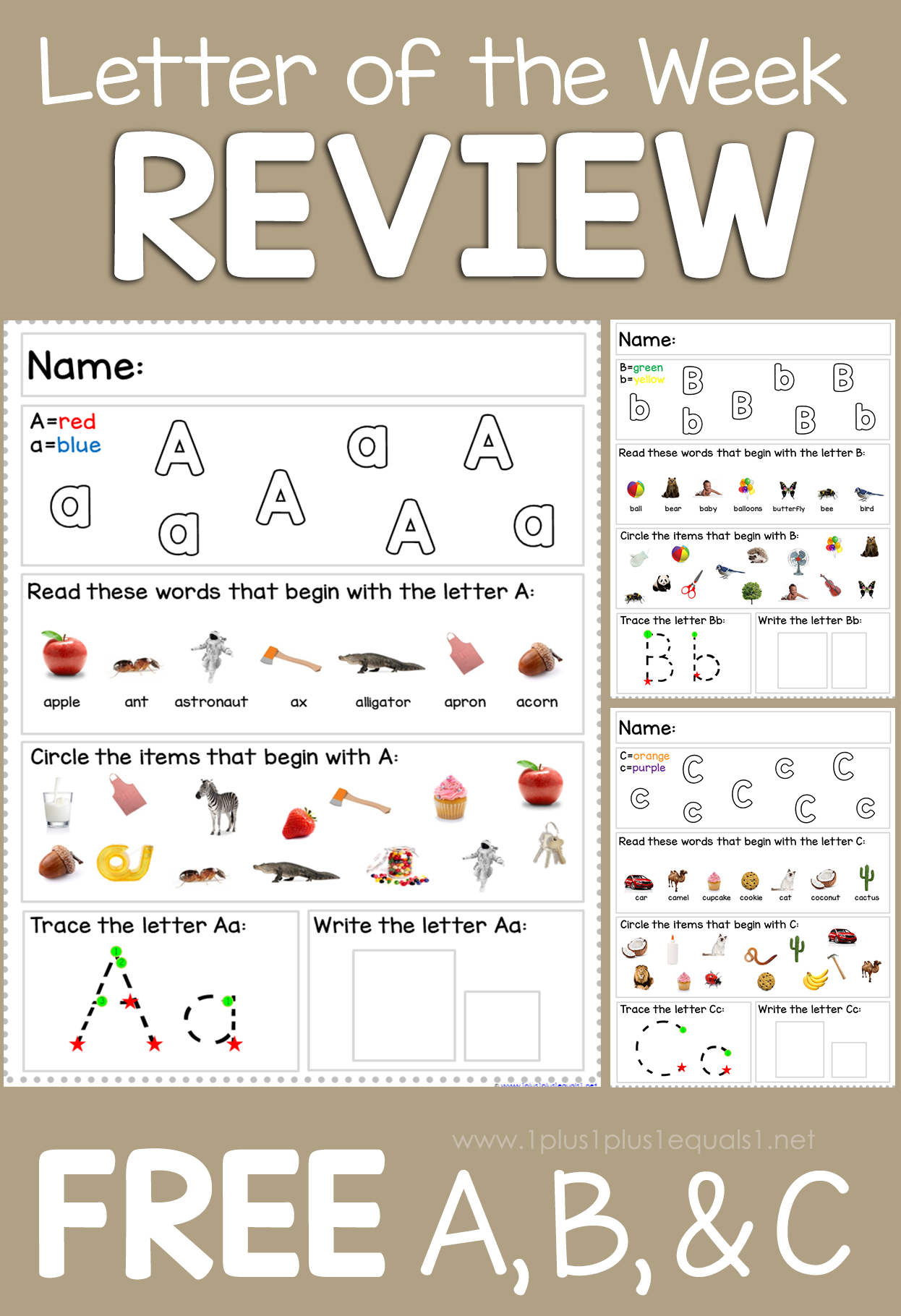 Letter of the Week Review Worksheets - 1+1+1=1