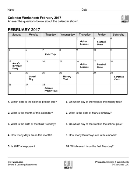 Reading a Calendar Worksheet - C | Homeschool Books, Math ...