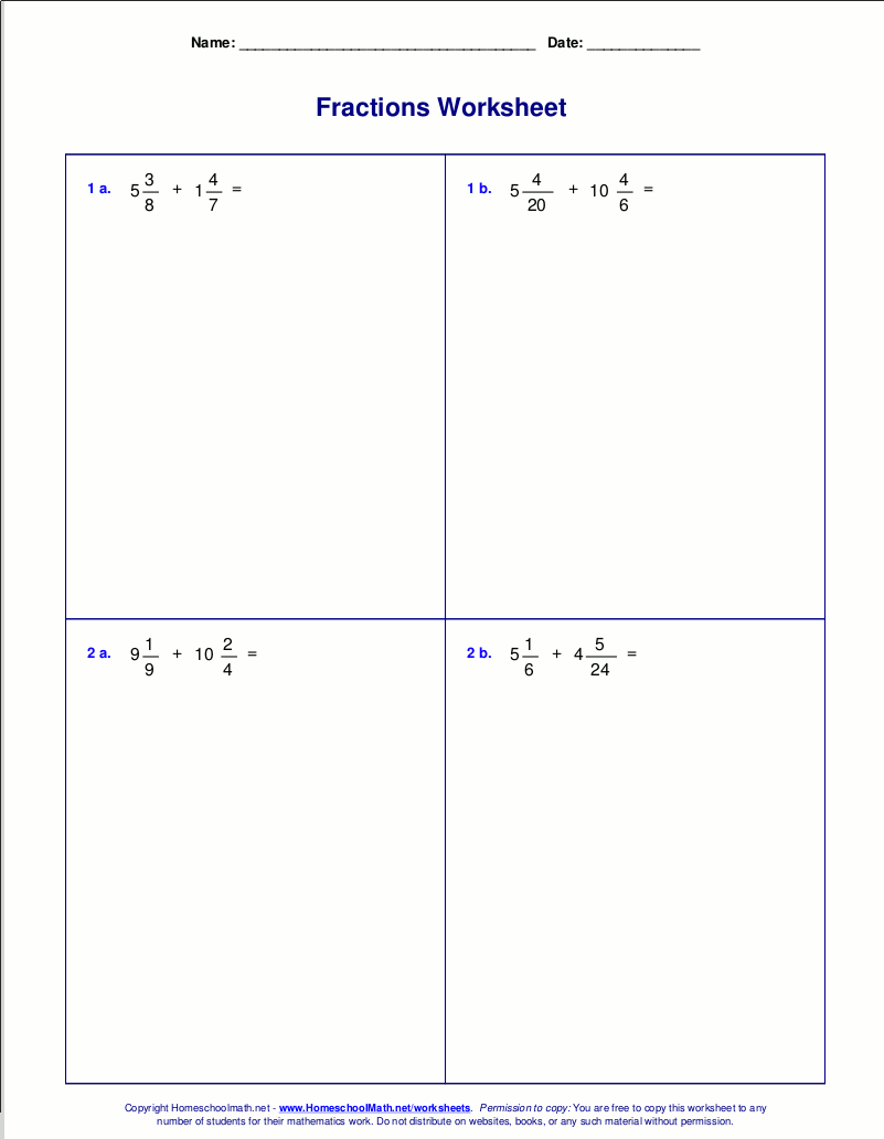 Worksheets for fraction addition