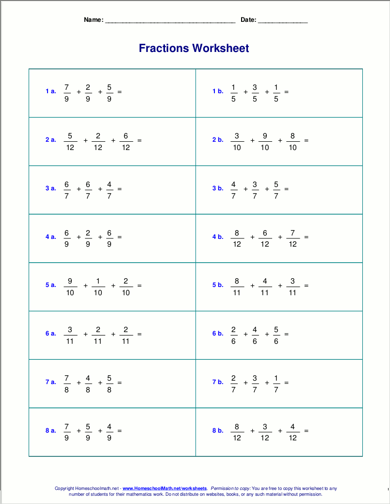 Worksheets for fraction addition