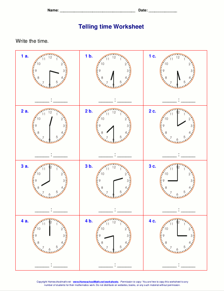 Telling time worksheets for 1st grade