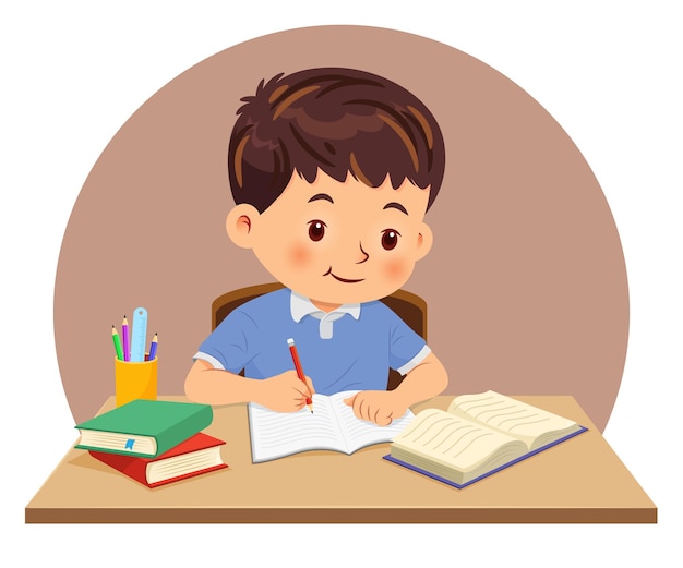 Premium Vector | Little boy doing homework by read and writing on ...
