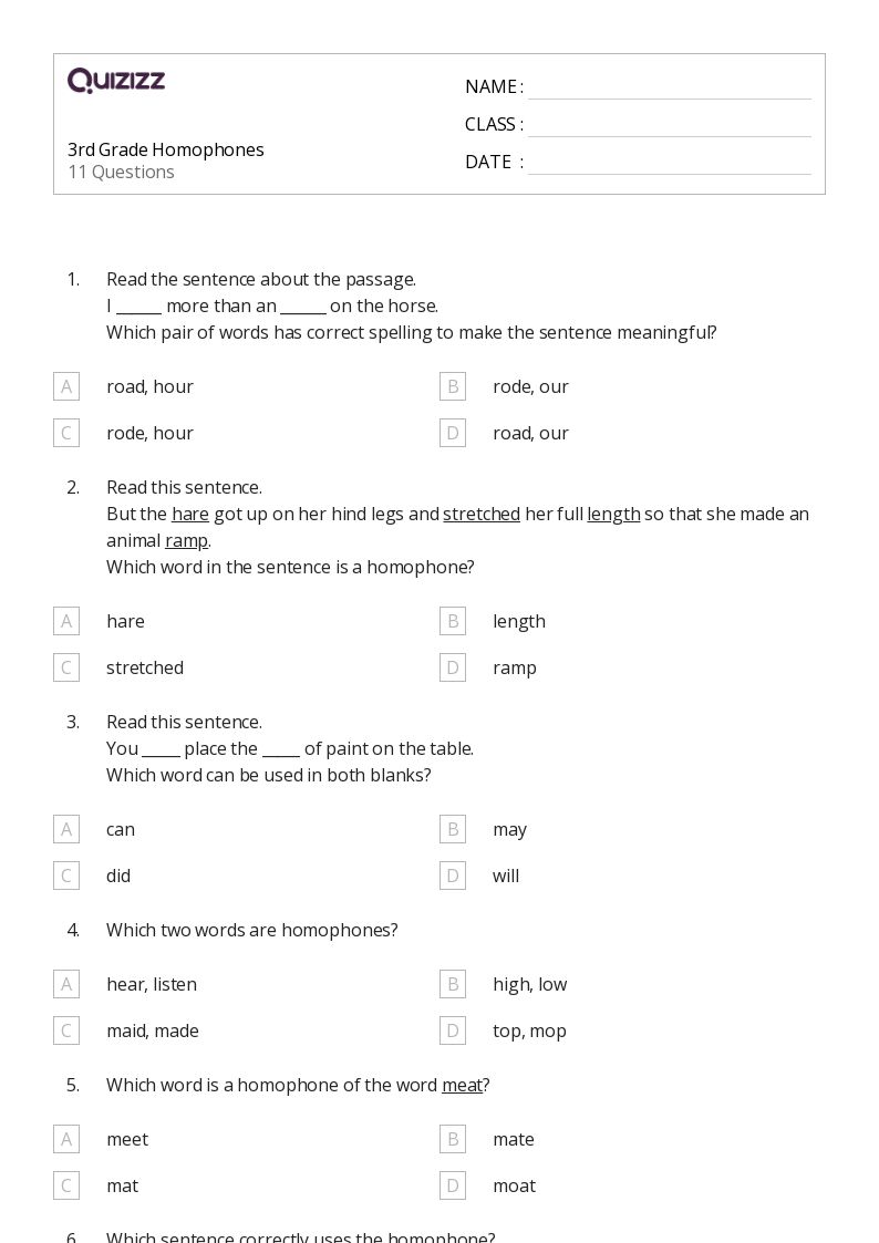 50+ Homophones and Homographs worksheets for 2nd Grade on Quizizz ...