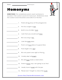 Homonym Worksheets