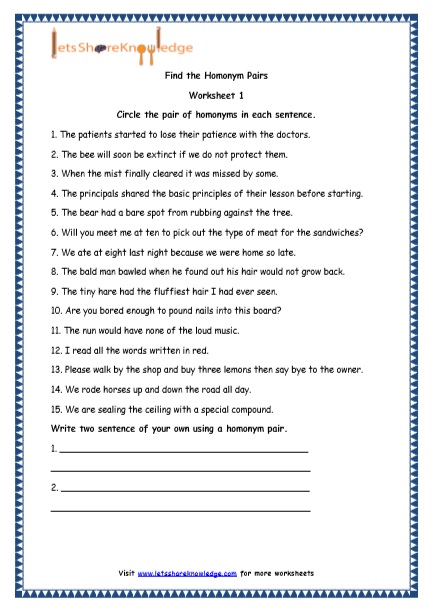 Grade 4 English Resources Printable Worksheets Topic: Homonyms ...