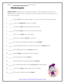 Homonym Worksheets
