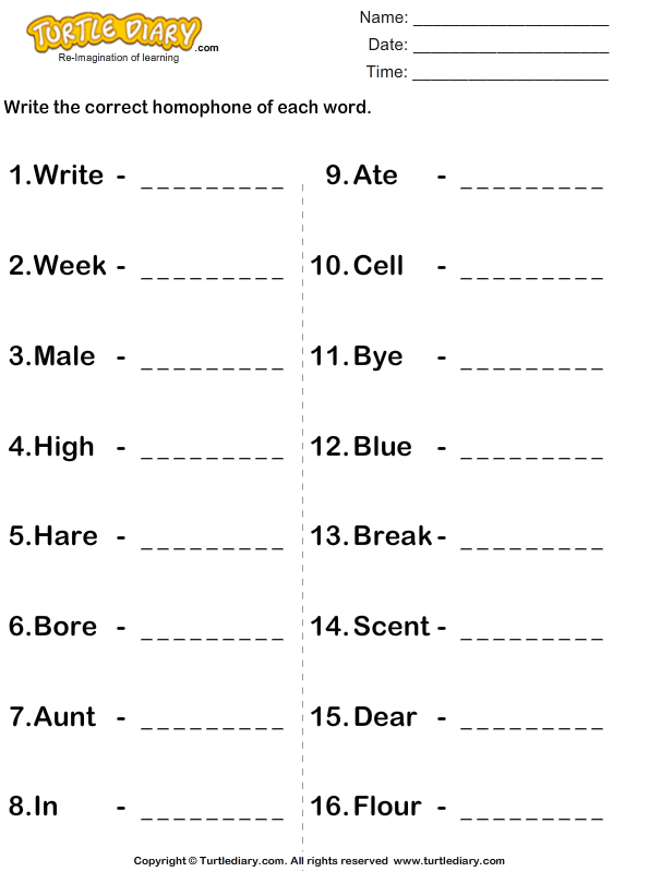 Write Homophone of each Word | Turtle Diary Worksheet