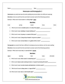 Homonyms and Homographs Worksheet for 3rd - 4th Grade | Lesson Planet