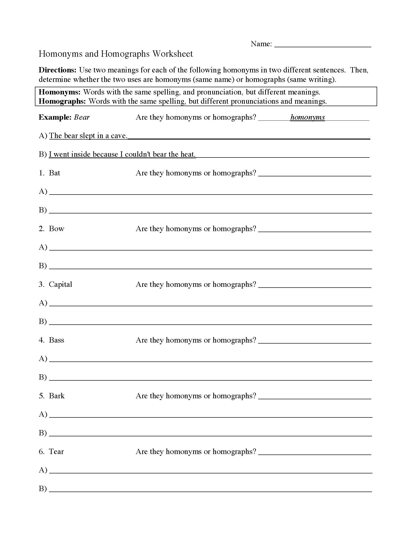 Homonyms and Homographs Worksheet 1 | Grammar Activity