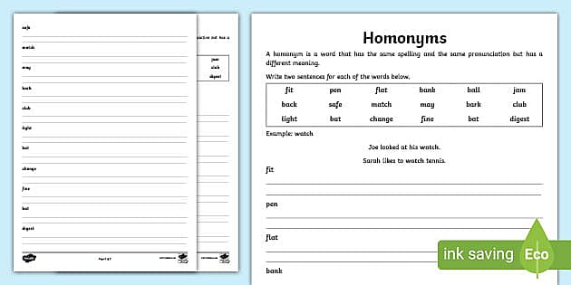 Homonyms Worksheets - English Resource - KS2 - Twinkl
