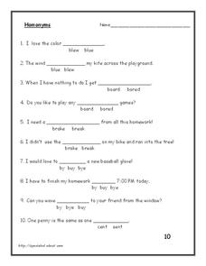 Homonyms Worksheet for 2nd - 3rd Grade | Lesson Planet