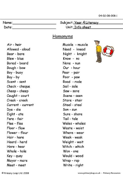 Literacy: Homonyms | Worksheet | PrimaryLeap.co.uk