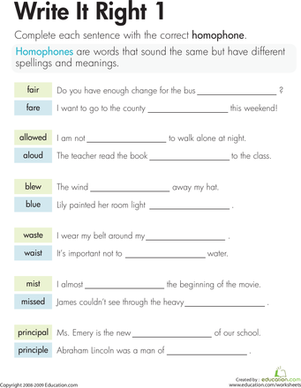 Homophones: Write It Right 1 | Interactive Worksheet 