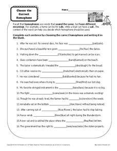 homophone worksheet for middle school