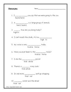 Homonyms 6 Worksheet for 2nd - 5th Grade | Lesson Planet