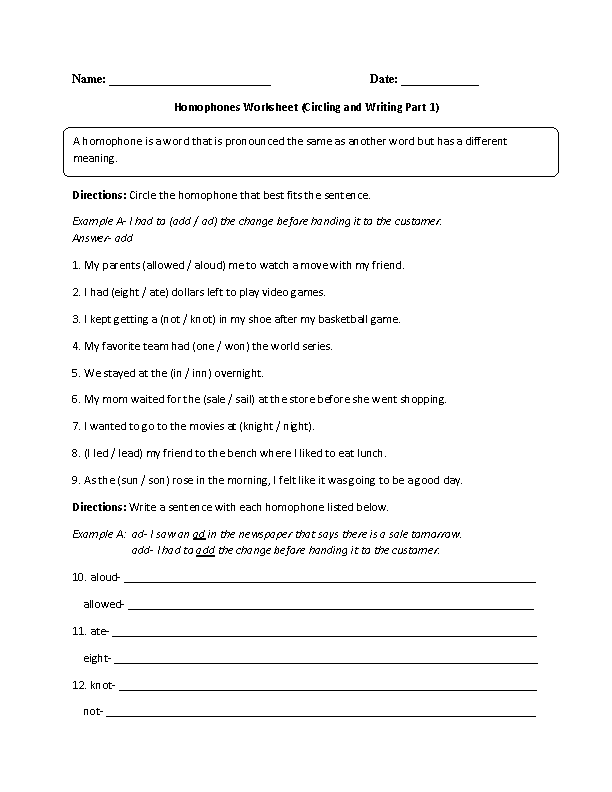 homophone worksheet grade 6