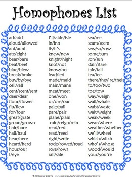 Homophones List Poster or Notes Sheet in Multiple Colors (FREE) | TPT
