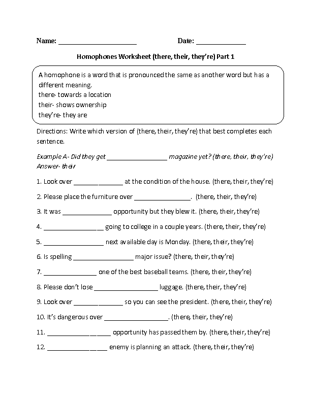 Homophones Worksheets | there, theyre or their Homophones Worksheet