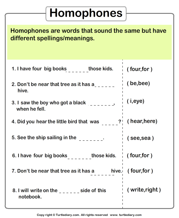 Identify the Homophone | Turtle Diary Worksheet