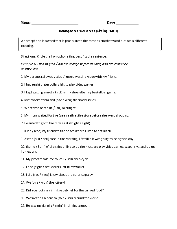 homophones worksheet high school