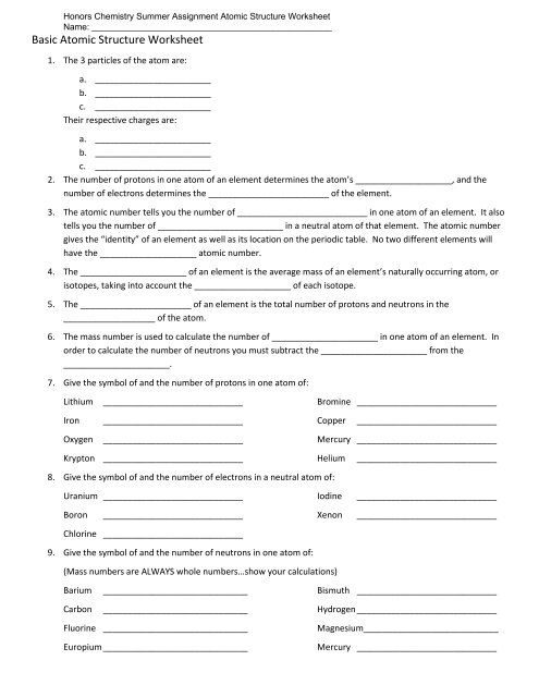 honors chemistry worksheet